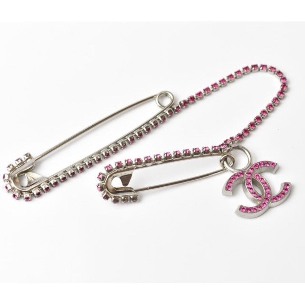 Chanel Brooch Pin Rhinestone Silver Magenta